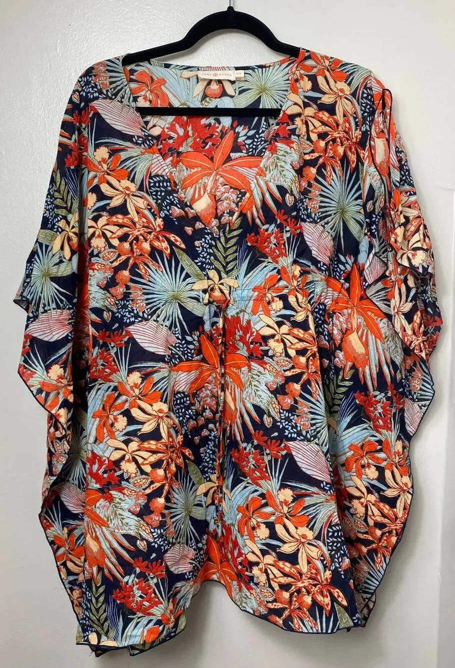 TORY BURCH SWIM COVERUP XS S CAFTAN CALATHEA SHORT MINI SWIM 100% COTTON TIE